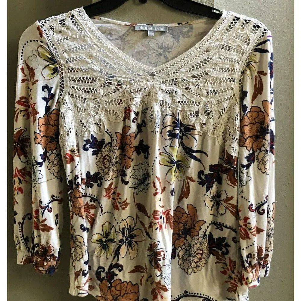 Daniel Rainn Autumn Colors Blouse Crochet Details 3/4 Length Sleeves Size PS